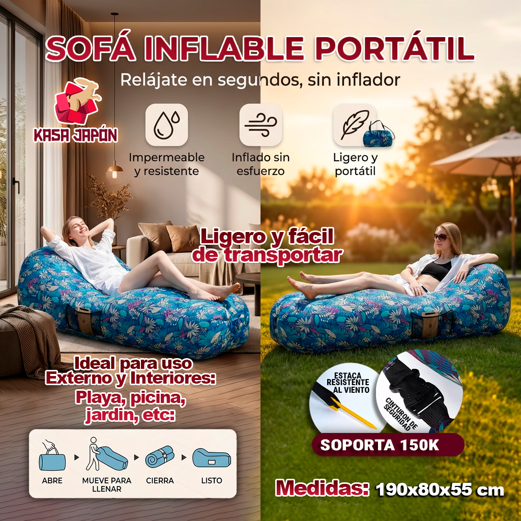 Sofa Inflable 🌴 Relajate en Segundos😌, No Necesita Inflador 🎁Incluye PROTECTOR